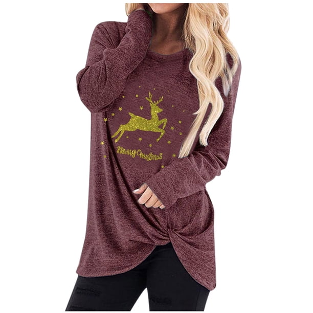 Camisas Navideñas Para Mujer Tops de Manga Larga Moda Navidad Impreso Cuello Redondo Kink Blusa Informal Odeerbi ODB199194