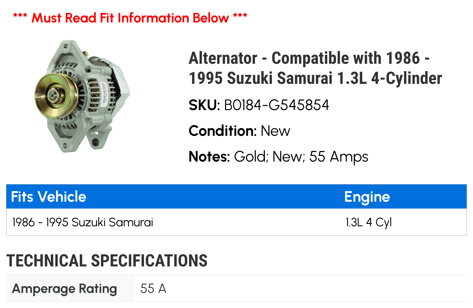 Alternator - Compatible with 1986 - 1995 Suzuki Samurai 1.3L 4-Cylinder - AC Delco