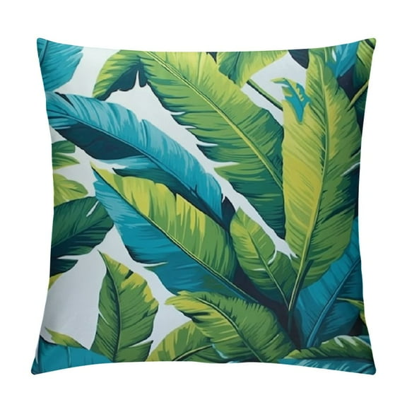 Creowell  Teal Blue Aqua Tropical Leaf Throw Pillow Cover Turquoise Lime Green Palm Leaves Pillow Cover Japanese Asian Style White Toss Pillows for Sofa Couch Car Chair