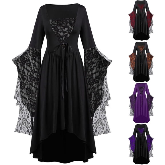 HOWPAY Halloween Dresses For Women Square Neck Lace Up Irregular Batwing Sleeve Dress Vintage Halloween Long Fancy Outfit For Women Cosplay Party Event Halloween Costumes L