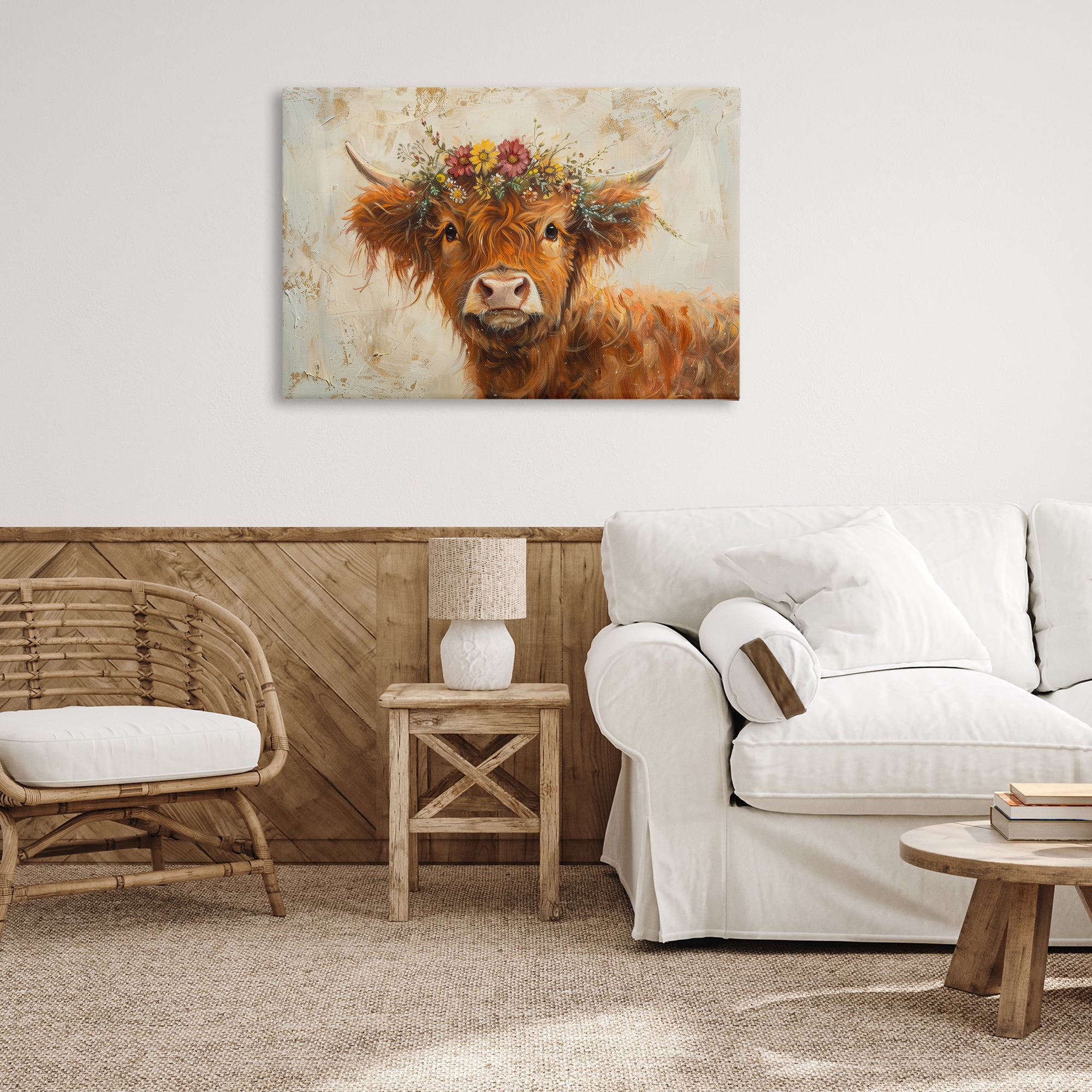 Stupell Industries Floral Crown Highland Animals & Insects Painting Gallery Wrapped Canvas Art Print Wall Art, 36 x 24