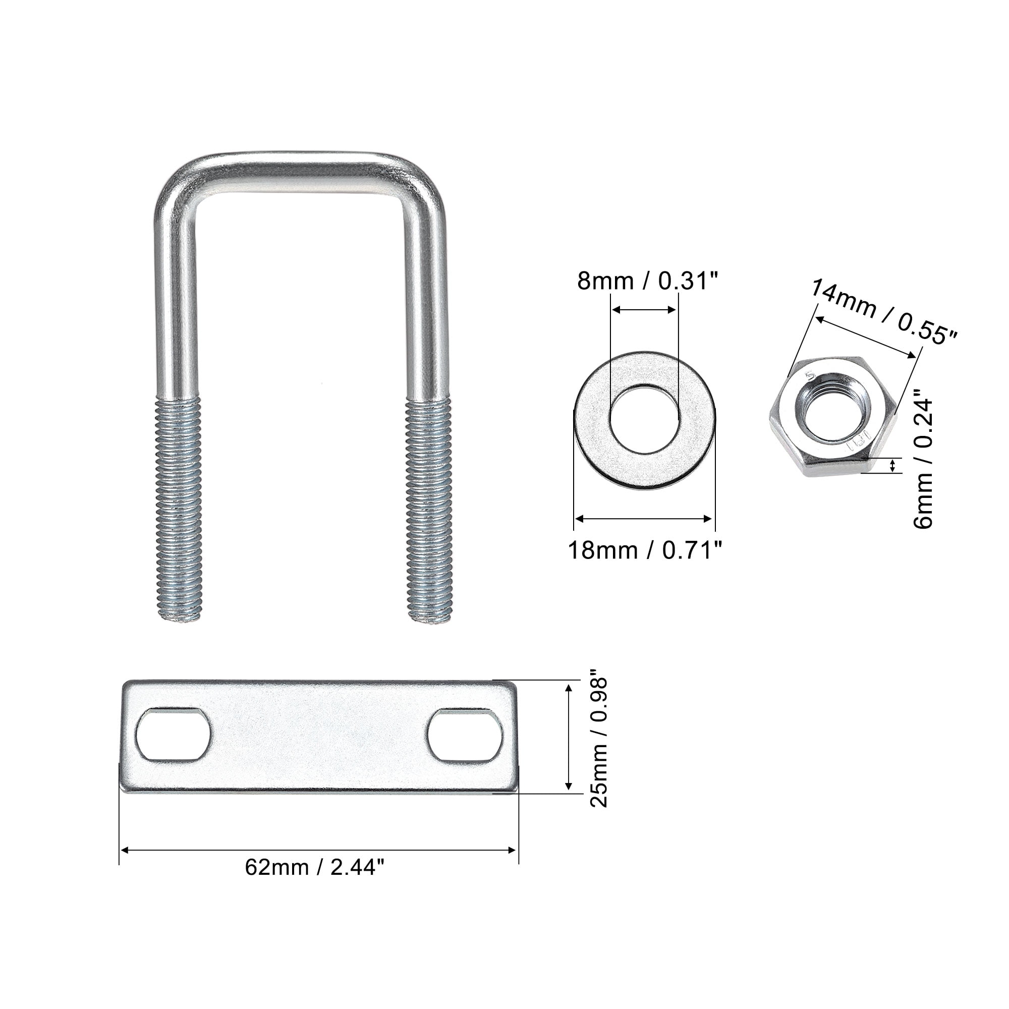 Unique Bargains Durable U-Bolts Carbon Steel with Nuts Plate Washers Silver 2.76"