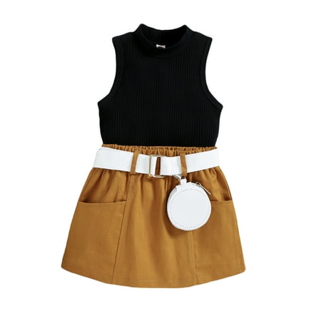 

Xingqing Baby Kids Girls Black Tops Vest with Elastic Waist Skirt and Belt Bag Summer Outfits Clothes Black 4-5 Years