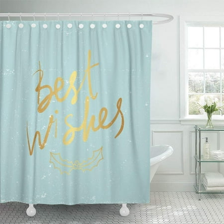 Gold Wall Covering PKNMT Christmas with Holly Jolly Best Wishes Gold Lettering for New Year Stickers Planner Waterproof Bathroom Shower Curtains Set 66x72 inch ()