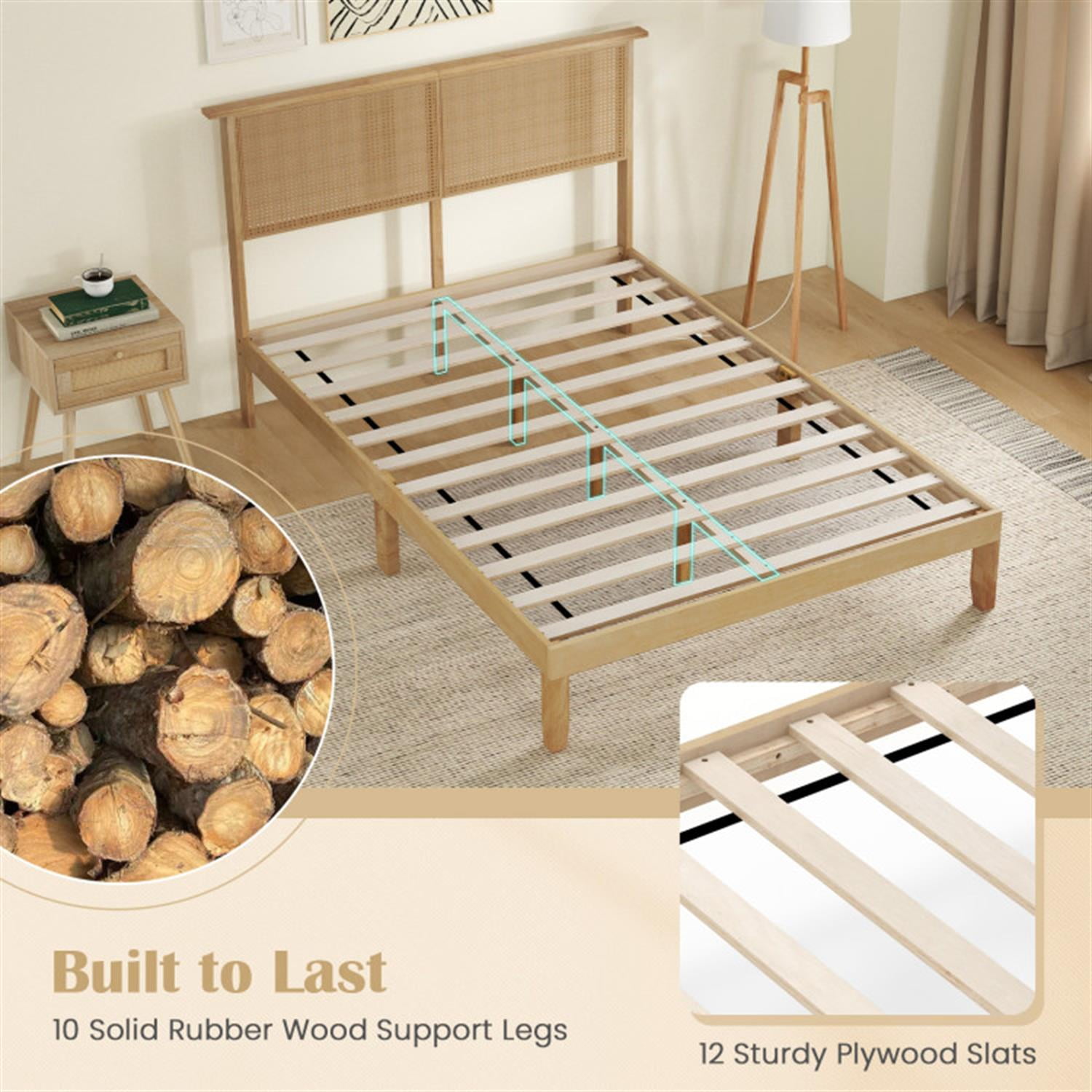 Demi Bonn Full Size Bed Frame with Rattan Headboard, Platform Bed Frame with 12 Strong Wood Slat Support, No Box Spring Needed, Beige