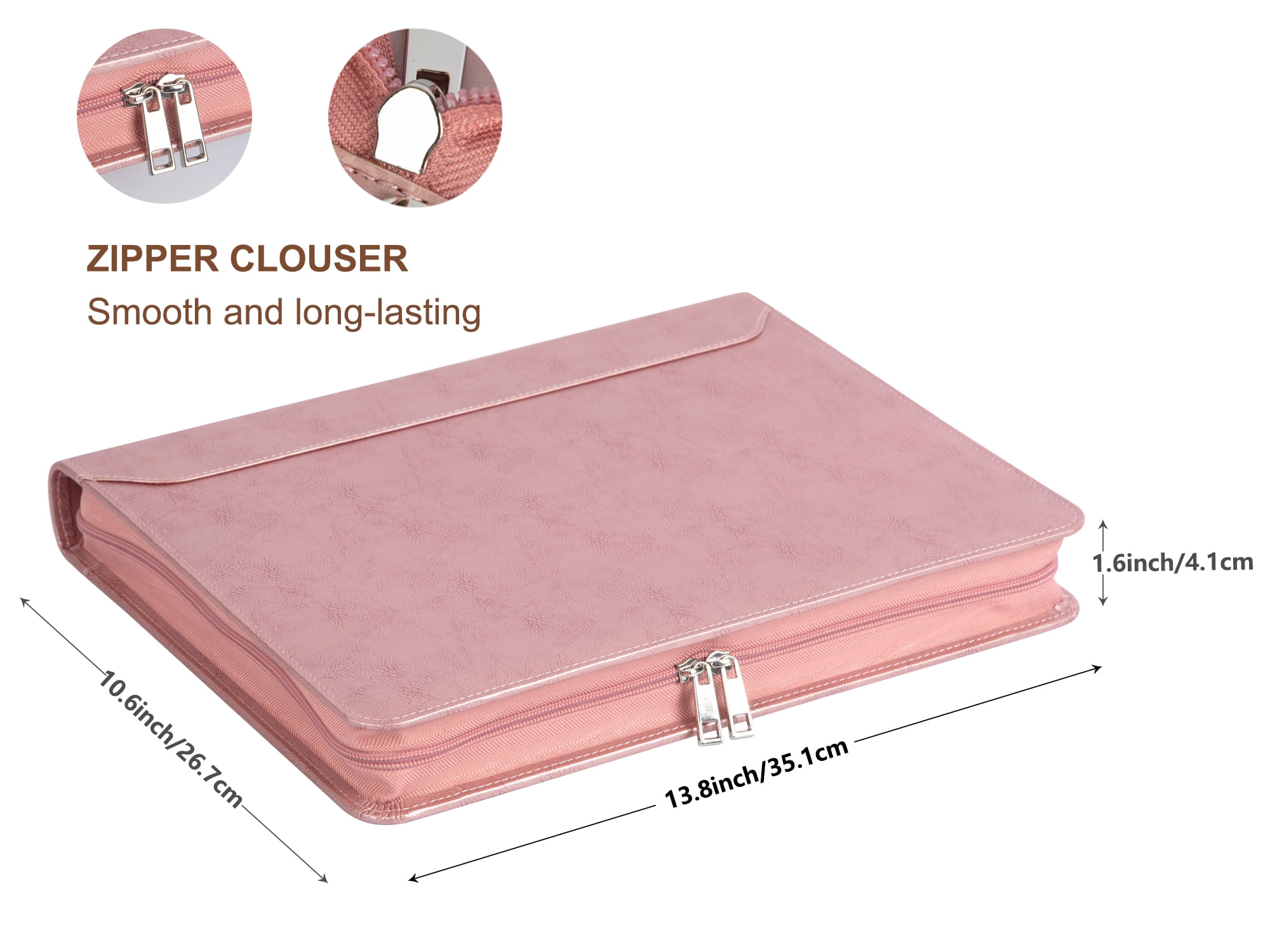 LeatherBelief Portfolio 3 Rings Binder 1 inch, PU Leather Padfolio with Zipper, Business Organizers with A4 Legal Pads, Gift for Her, Rosegold