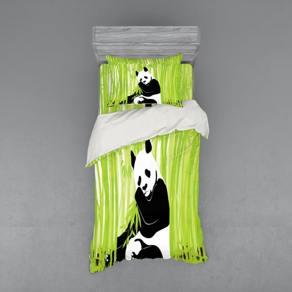 Ambesonne Animal Bedding Set 3 Pcs, Panda in Wild Exotic Forest, Twin, White Black Lime