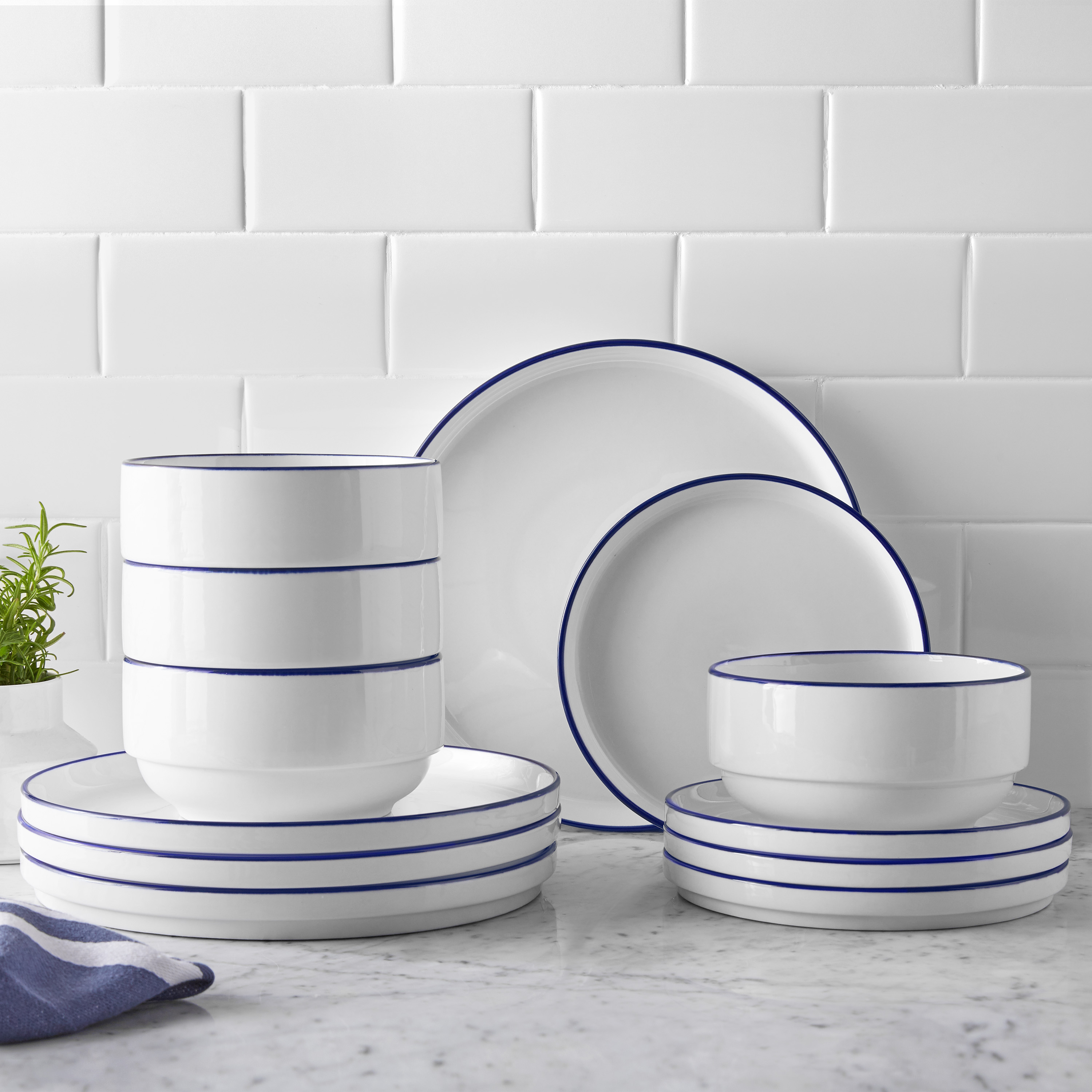 Mainstays 12-Piece Blue Rim Stoneware Dinnerware Set photo 2