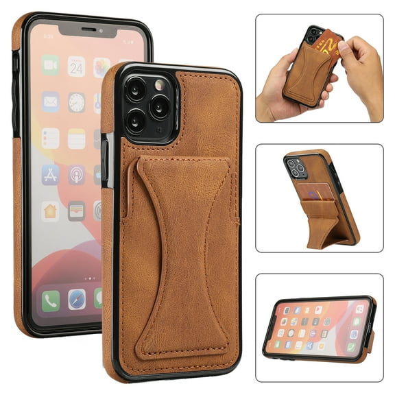 TOP SHE Case for Apple iPhone 11, iPhone 11 Case (6.1 Inch) - Synthetic Leather Protective Case with Card Slot / Kickstand, Slim Fit Lightweight Simple Fashion Cover (Brown)
