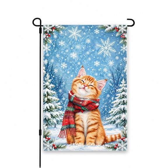Cute Kitten in Winter Scarf Garden Flag, 12 x 18 Inch, Adorable Cat Snowflakes Design for Festive Outdoor Decor, Perfect for Yard or Patio Display