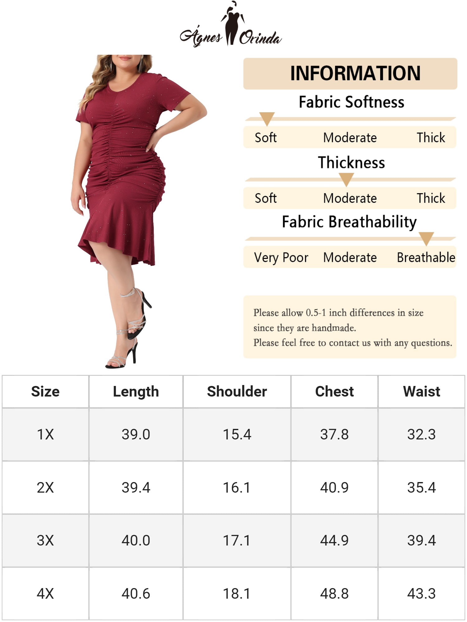 Unique Bargains Women Plus Size Ruffle Hem V Neck Short Sleeve Sequin Ruched Dresses 1X Burgundy