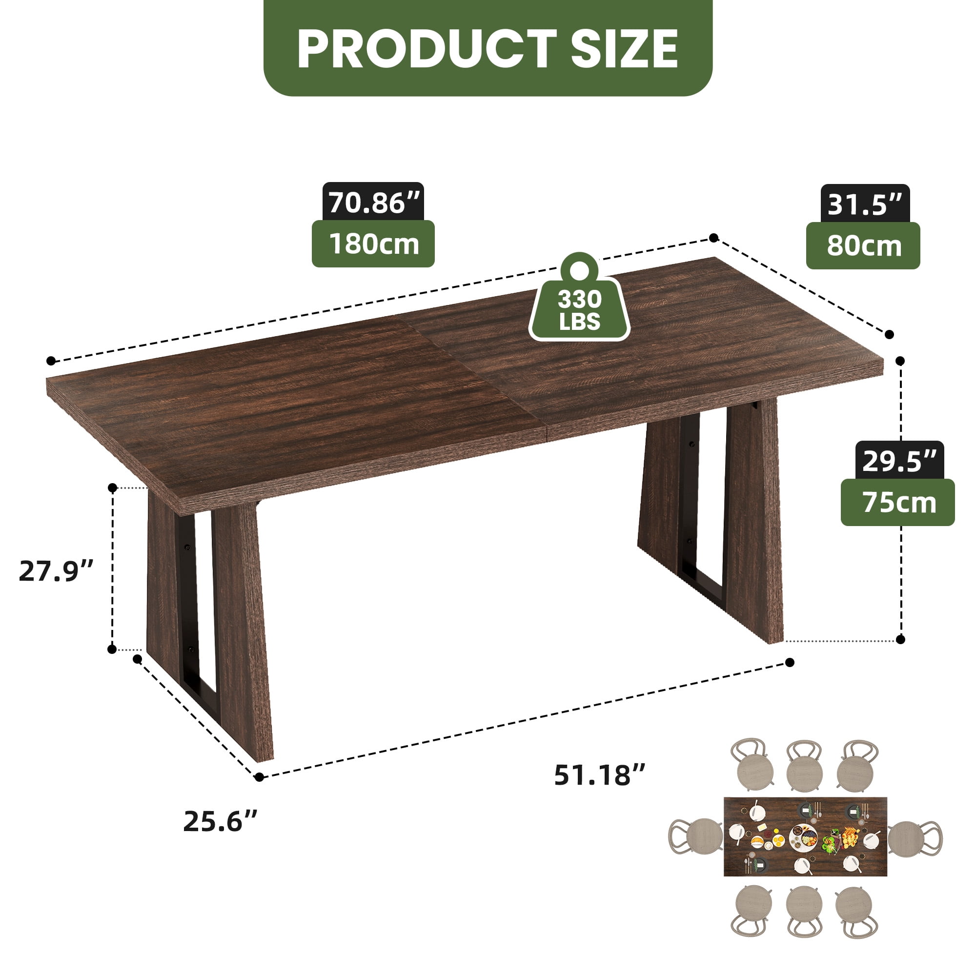 Uforic 70" Wood Dining Table for 6-8 Person, Farmhouse Rectangle Dining Table withHeavy Duty Leg, Kitchen Table for Gathering, Kitchen, Dining Living Room, Brown