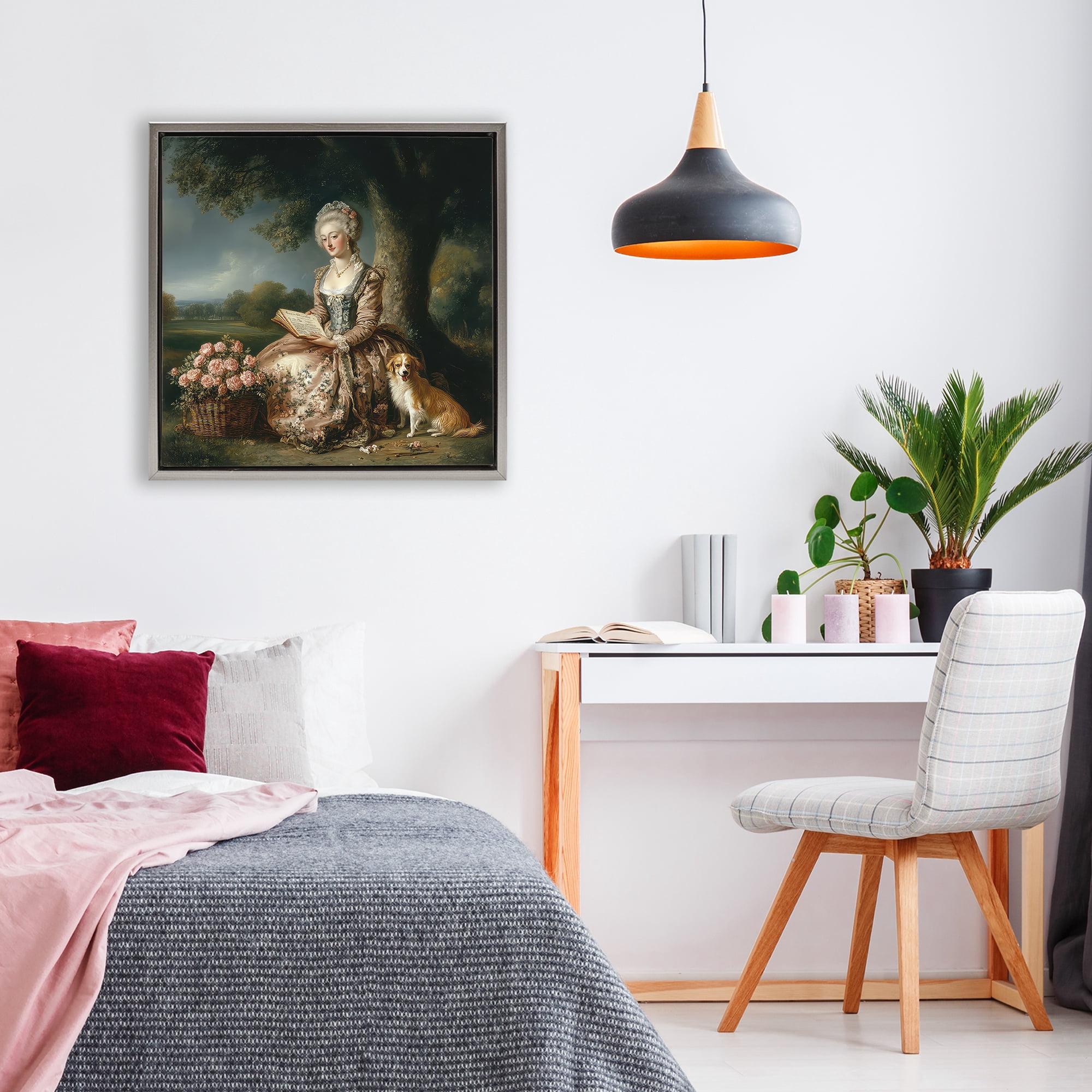 Stupell Industries Rococo Woman with Dog Gray Framed Floater Canvas Wall Art, design by The Wands Want
