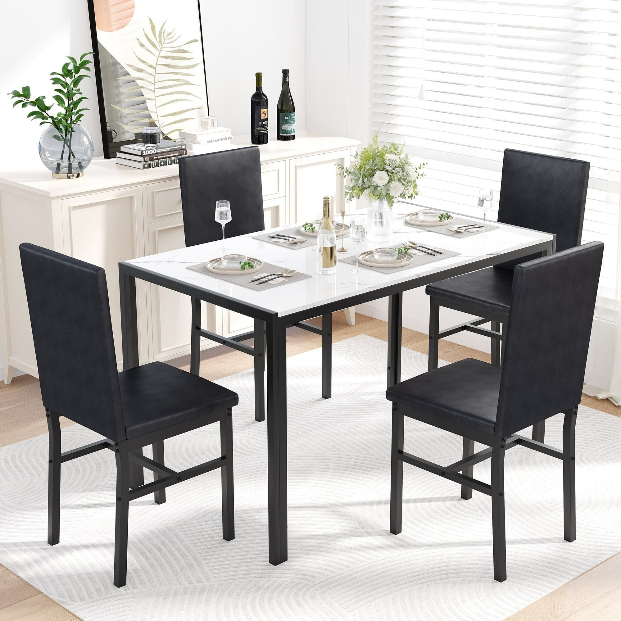 Baxluxe 5 Peice Dining Table Set, Faux Marble Dining Room Table and Chairs Set, Rectangle Kitchen Table Set with Durable Metal Frame and Upholstered Chairs, White