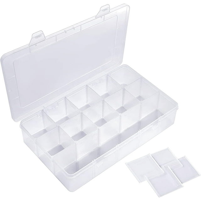 COSICS Storage Box with Dividers, 15-Grid Extra Large Plastic Storage Case for Nail Art Decoration, Clear Fake Nail Organizer Container with Lids for Acrylic Nails Tip, Rhinestone, Bead, Charm, Craft