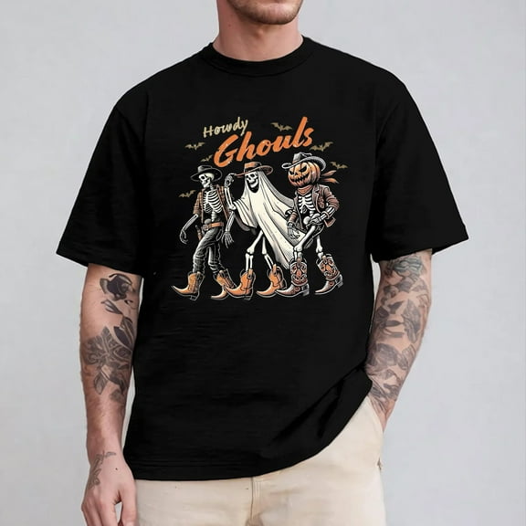 Howdy Ghouls Cowboy Halloween T-Shirt – Funny Western Skeleton, Ghost & Pumpkin Graphic Tee for Spooky Season