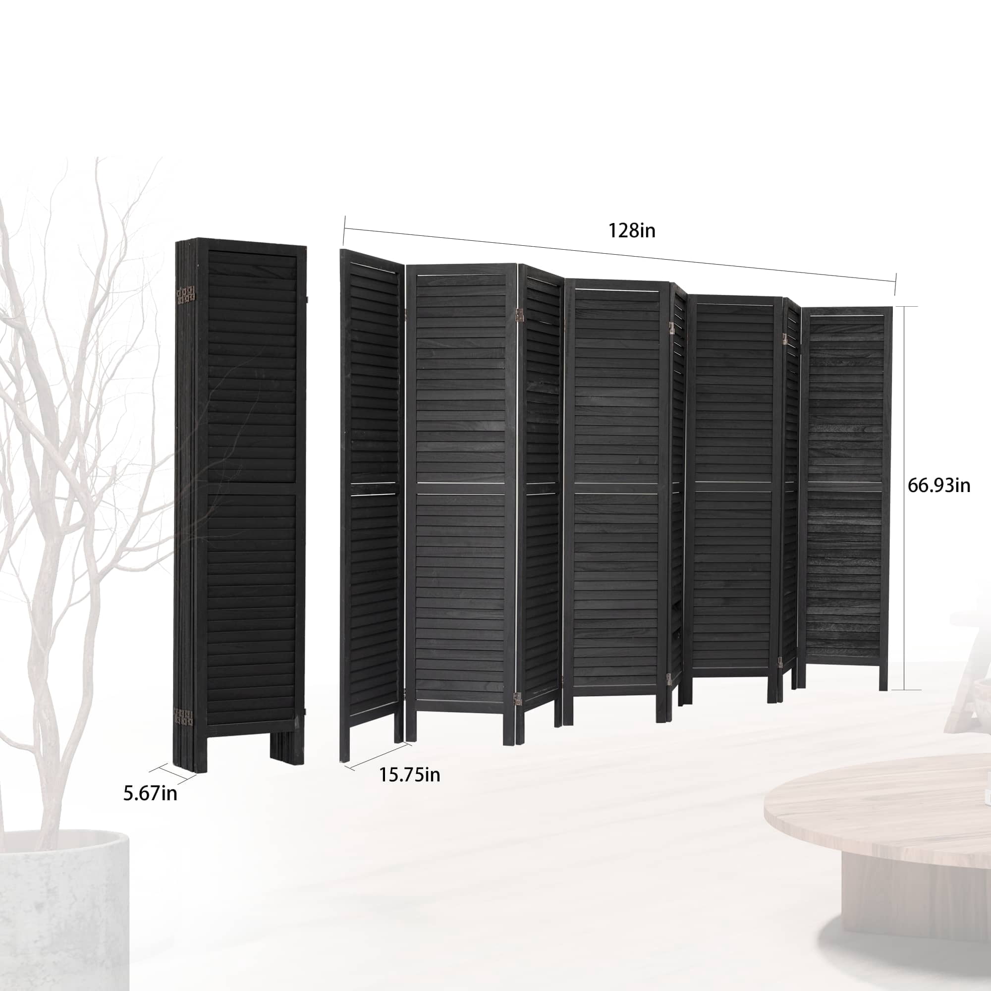 MAYEERTY 8 Panel Wood Room Divider, 5.6Ft Freestanding Louvered Divider Screen, Black