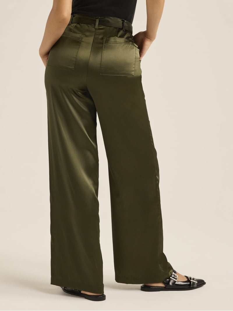 Bar III Women's Satin Paperbag Waist Wide-Leg Pants - Belted Casual Trousers, 100% Polyester