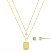 Women's 14Kt Gold Flash Plated Cubic Zirconia Double Layer Tag "A" Necklace and Earring Set