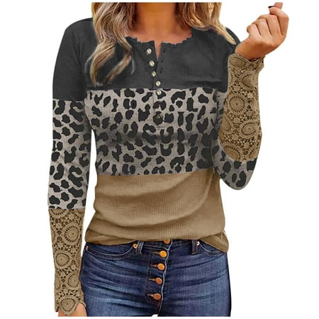 EINCcm Women Fall Clothes Clearance Deals! Women Henley V-Neck Lace Splicing Tunic Knit Tops Leopard Print Long Sleeve Button Slim Pullover Blouse Black L