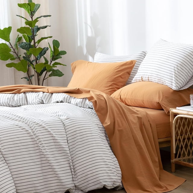 Bedding Sheet Set Washed Cotton Linen Like Textu Breathable Durable Soft Comfy (Dark Orange Queen)
