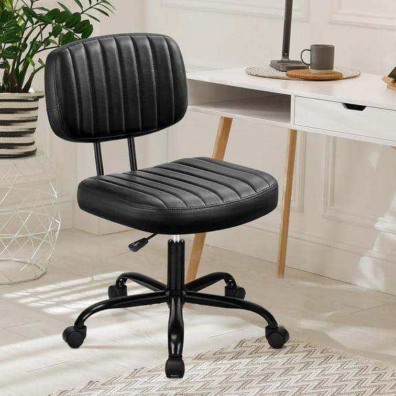 Armless Office Desk Chair, Small Height Adjustable Computer Task Chair with Low Back Lumbar Support and 360° Swivel Rolling Wheels for Small Space, Kids and Adults, Dark Black