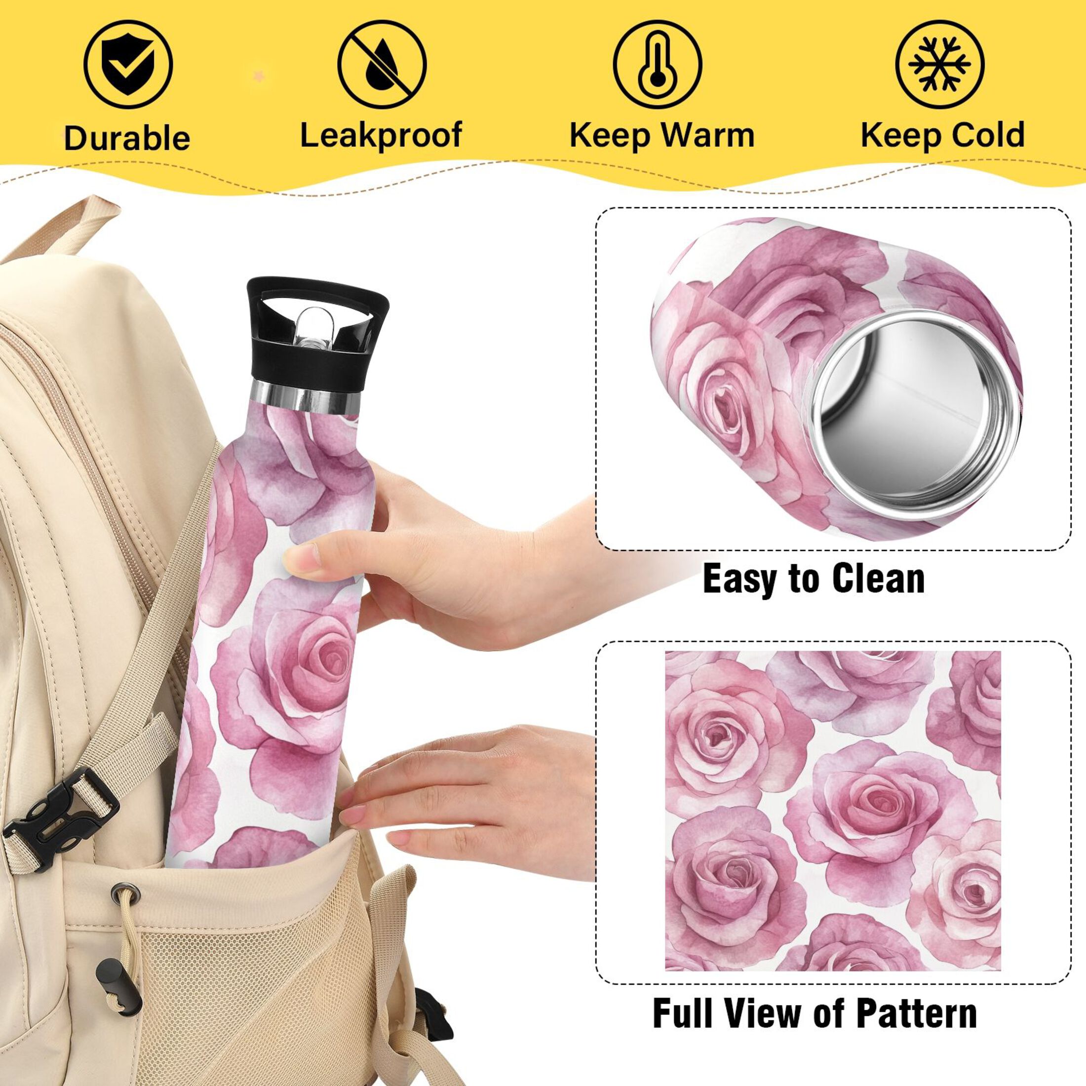 600ML Stainless Steel Insulated Cup Sports Water Bottle Portable Thermos Cup Water Glasses Insulated Tumblers Convenient and Durable Beige Roses Seamless