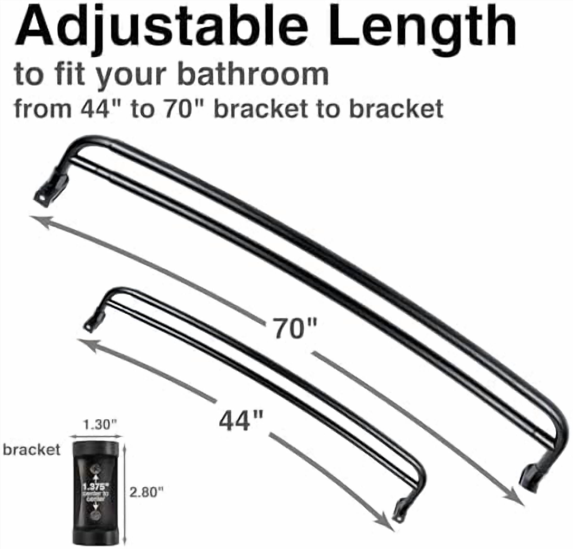 Double Curved Shower Rod, Metal Construction, Adjustable Between 44 to 70 Inches, Aluminum Rods and Zinc Mounting Hardware, Quality Modern Bathware, Black Finish