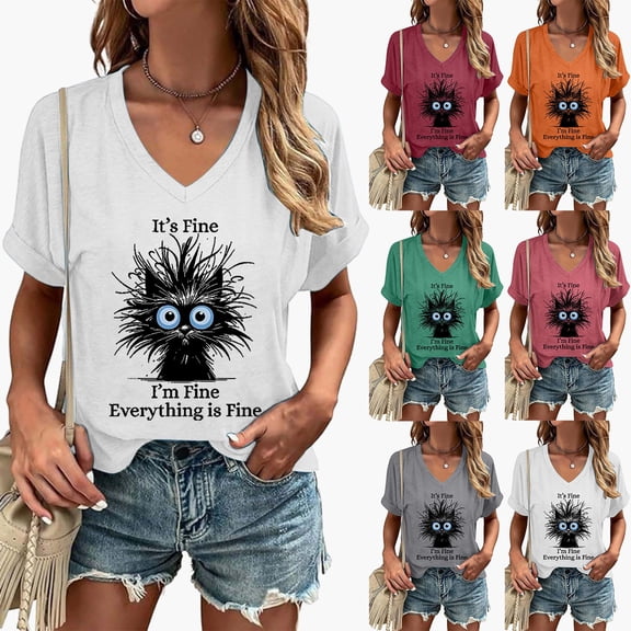 Trendfront Womens Funny Cat Graphic Tee Fashion V Neck Short Sleeve Tops Summer T Shirts Casual Slogan Print Weekend Relaxed Pullover Shirt