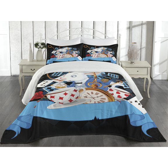 Ambesonne Cartoon Quilted Coverlet 3 Pcs, Wonderland Tale, Queen Size, Multicolor