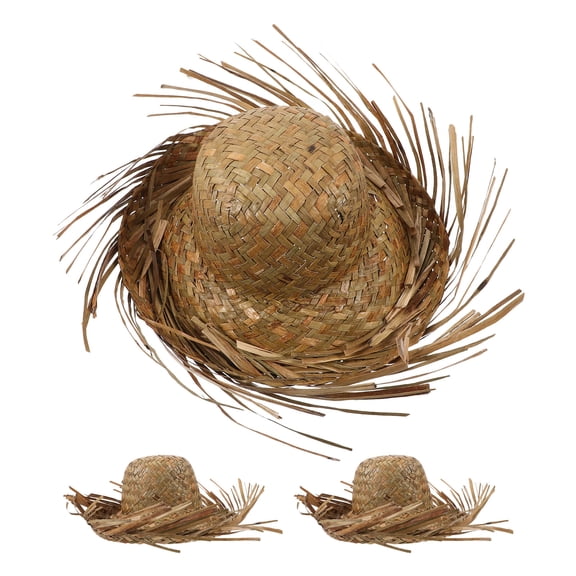 NICEXMAS 3Pcs Handmade Straw Sun Hats Khaki Wide Brim Hats for Garden Festival Parties