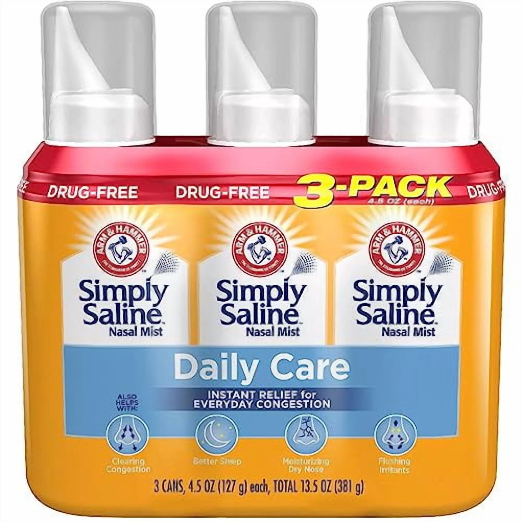 Arm & Hammer Simply Saline Nasal Mist Instant Relief for Everyday Congestion, 3 Pack Tray, 4.5 Oz