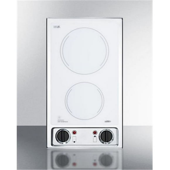 Summit CR2B120WH 115V 2 Burner Radiant Cooktop In Smooth White Glass & Stainless Steel Trim