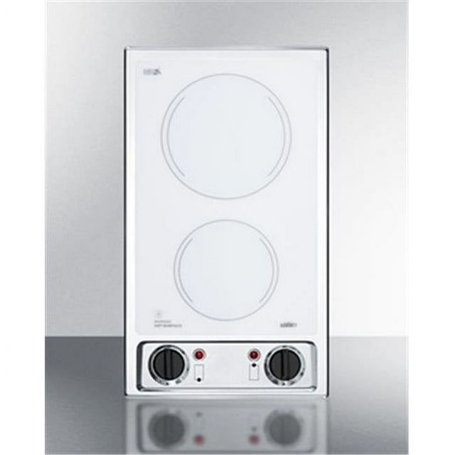 Summit CR2B120WH 115V 2 Burner Radiant Cooktop In Smooth White Glass & Stainless Steel Trim