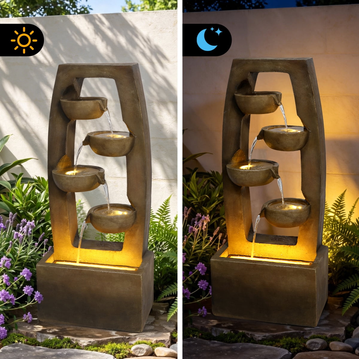 37.6" 4-Tier Modern Cascading Water Fountain with Warm LED Lights, Outdoor Floor-Standing Waterfall Fountain for Patio, Garden & Backyard Decor
