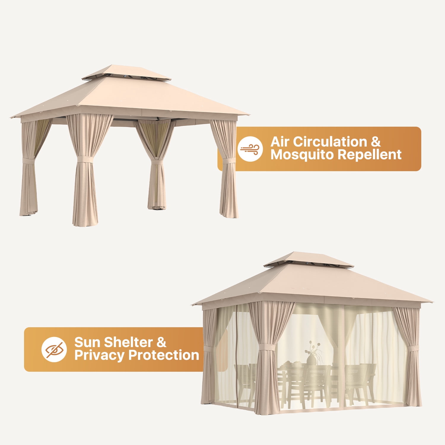 BaPiPro 10'x12' Patio Gazebo, Heavy Duty Double Roof Outdoor Canopy Tent, Mosquito Netting & Sidewall Curtains Included, UV/Wind Resistant Shelter for Garden, Deck, Backyard (Beige)