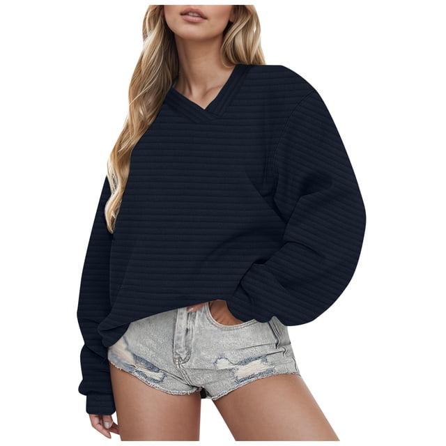 WEAIXIMIUNG Sweatshirt Women Plus Size Solid Color V Neck Long Sleeved Hoodless Sweatshirt for Women