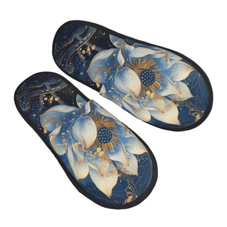 

KLL Blue Golden Dream Lotus Slippers for Women Men House Slip on Indoor Outdoor Bedroom Furry Fleece Lined Ladies Comfy Anti-Skid Rubber Hard Sole-Medium