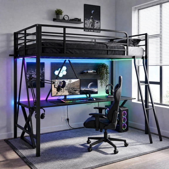 Einfach Twin Metal Loft Bed Frame with Removable Ladder, Full-Length Guardrail, Space Saving, Heavy Duty, No Box Spring Needed, Black