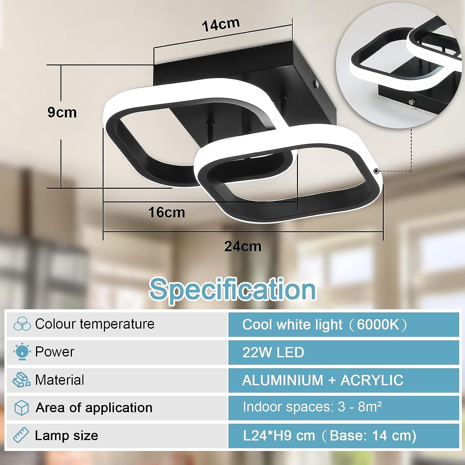 Modern Rectangular 2 LED Ceiling Light 22W Cool White Light 6000K Ceiling Light for Hallway Kitchen Living Room Studio(Black,1PCS)