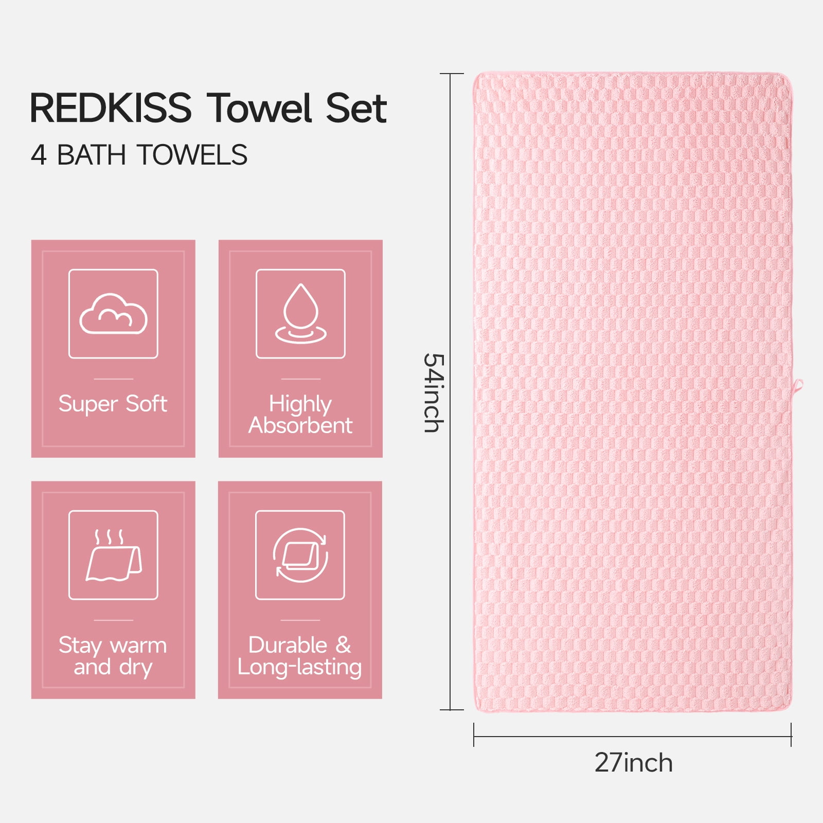 REDKISS 4-Pack Microfiber Bath Towels, 27x54 Quick Dry Waffle Towels Set. Pink Cloud Texture Super Absorbent Bath Towel for Bathroom.