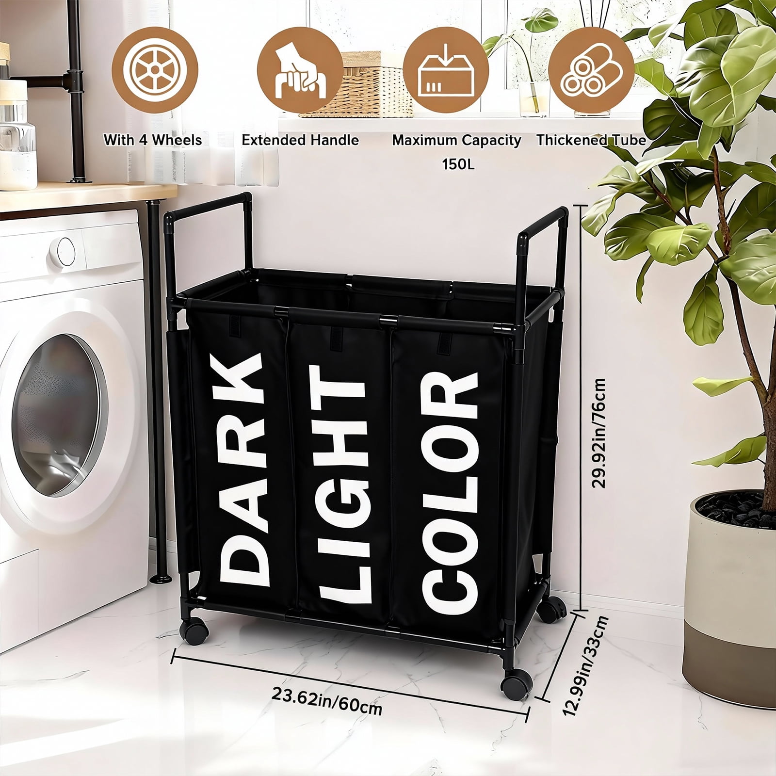 3 Section Laundry Basket with Wheels and Lids, 150L Rolling Laundry Hamper with Handle, Sorter for Clothes Toys Sundries (Black)