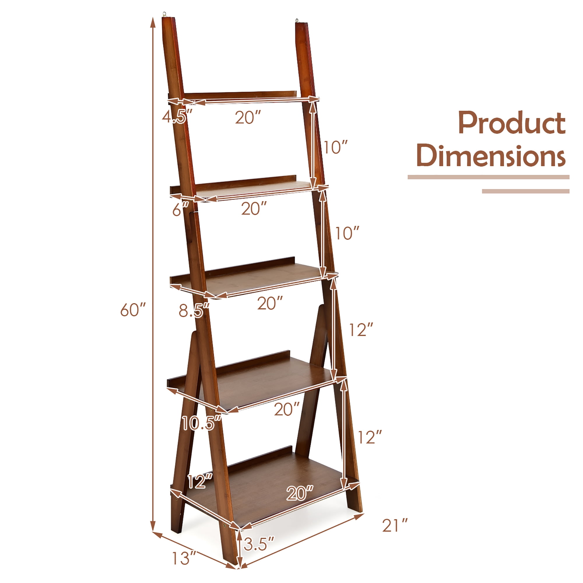 Costway 5-Tier Bamboo Ladder Shelf Bookshelf Display Storage Rack Flower Stand Coffee