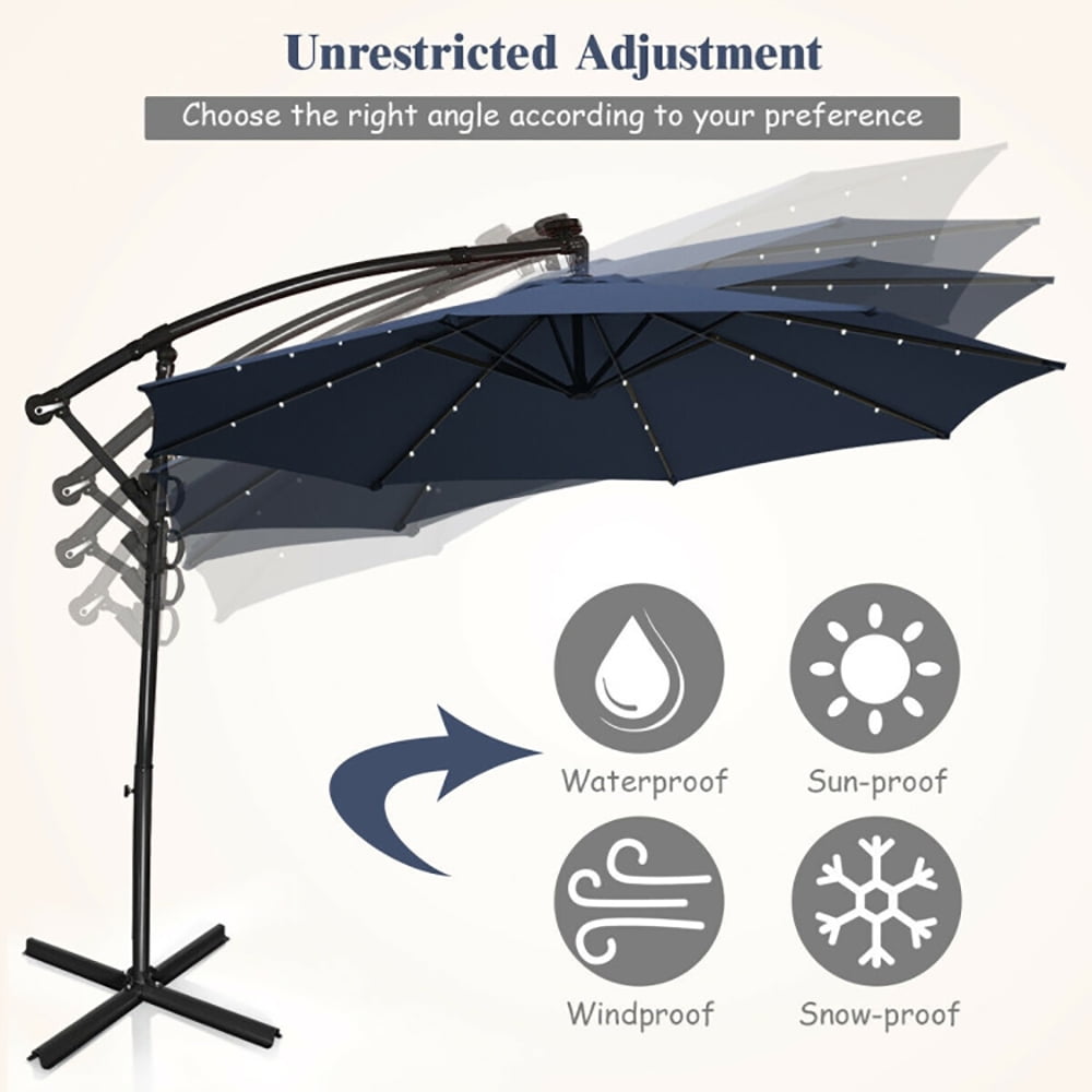 Aimee Lii 10 ft 360° Rotation Solar Powered LED Patio Offset Umbrella without Weight Base, Table Umbrella Outdoor Patio, Navy Aimee Lii 10 ft 360° Rotation Solar Powered LED Patio Offset Umbrella without Weight Base, Table Umbrella Outdoor Patio, Navy