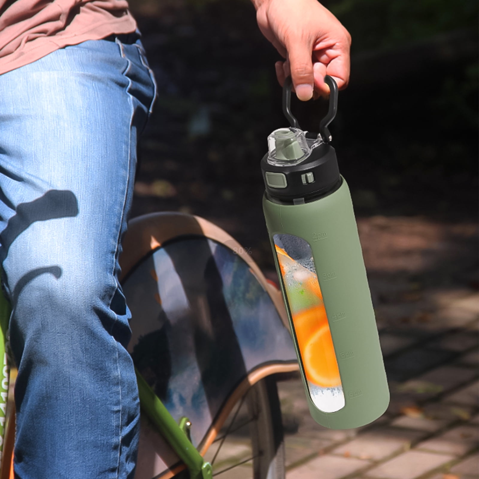 MUKOKO Water Bottle, 32oz Glass Drinking Bottle with Straw, Motivational Water Bottle with Leak Proof Locking Lid , Travel Sports Water Jug with Water Marker, Olive