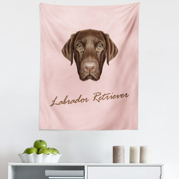 Labrador Tapestry, Modern Retriever Portrait with Grumpy Face Purebred House Pet Illustration, Fabric Wall Hanging Decor for Bedroom Living Room Dorm, 5 Sizes, Pale Pink Brown, by Ambesonne