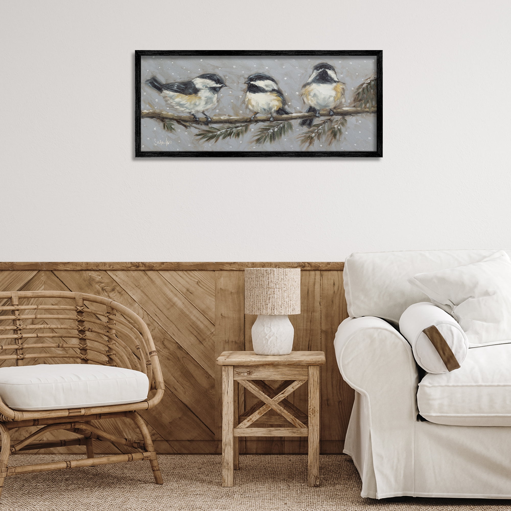 Stupell Industries Winter Bird Trio Animals & Insects Painting Black Framed Art Print Wall Art, 30 x 13