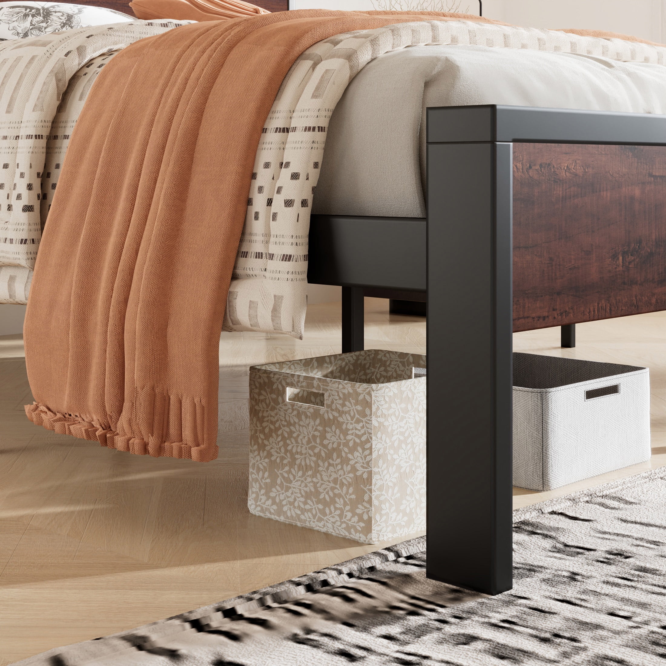 Sha Cerlin Walnut Queen Size Metal Platform Bed Frame with Wooden Headboard & Underbed Storage, Adult
