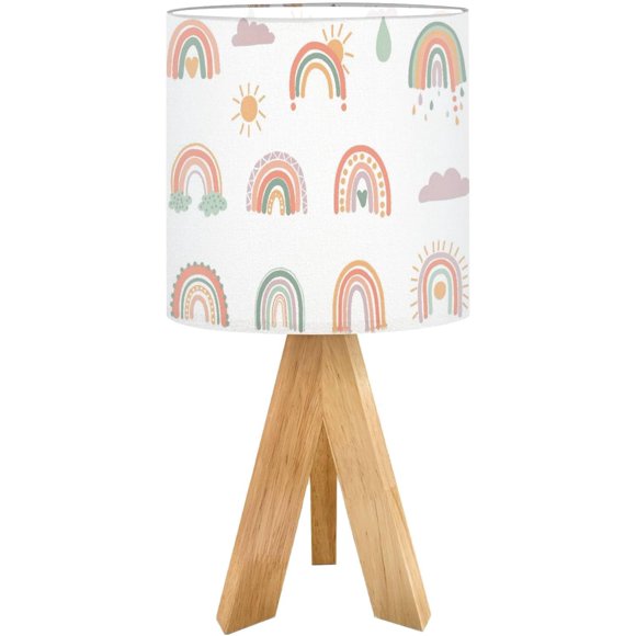 ERDS-Tripod Bedside Desk Table Lamp Hand Drawn Boho Rainbows Cute Set Pastel Earthy Colors Isolated Wood Nightstand Lamp with Linen Fabric Shade for Nursery Bedroom Living Room Kids Room