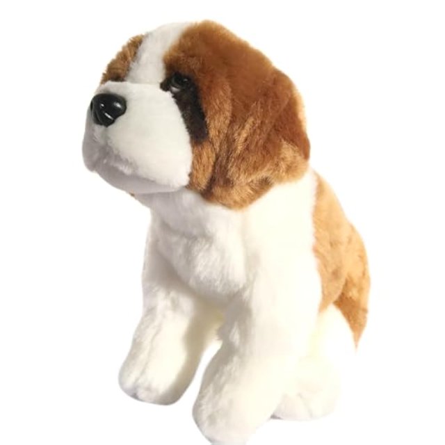 jianeexsq perro san bernardo realista de 10 pulgadas peluche; vista 3/4 frontal de un perro sentado con pelaje blanco y amarillo, hocico blanco y nariz negra, ojos marrón oscuro, textura de felpa premium visible, tamaño aproximado 10 pulgadas, ideal como regalo para niños y para coleccionistas.